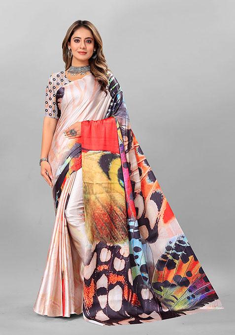 Peach Abstract Print Japan Crepe Saree Set