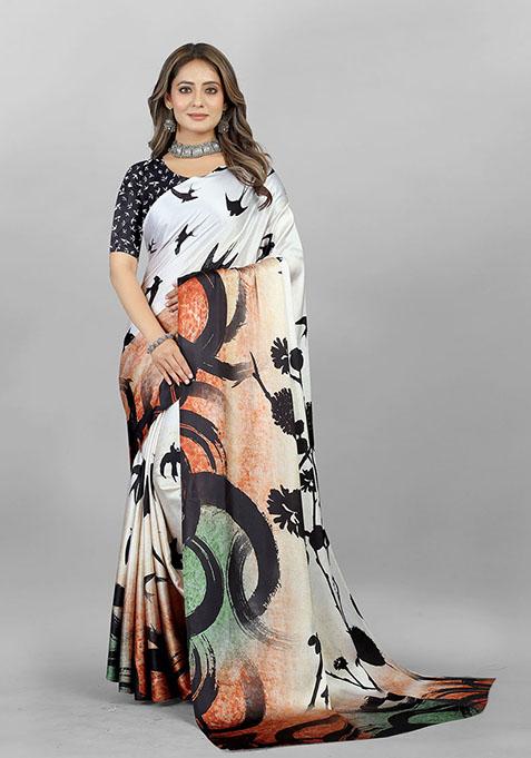 White Abstract Print Japan Crepe Saree Set