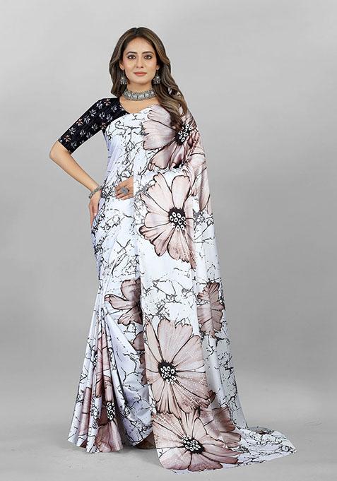 White Floral Print Japan Crepe Saree Set