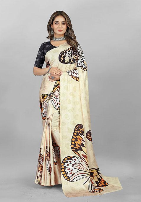 Cream Animal Print Japan Crepe Saree Set