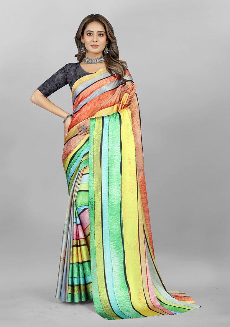 Multi Striped Print Japan Crepe Saree Set