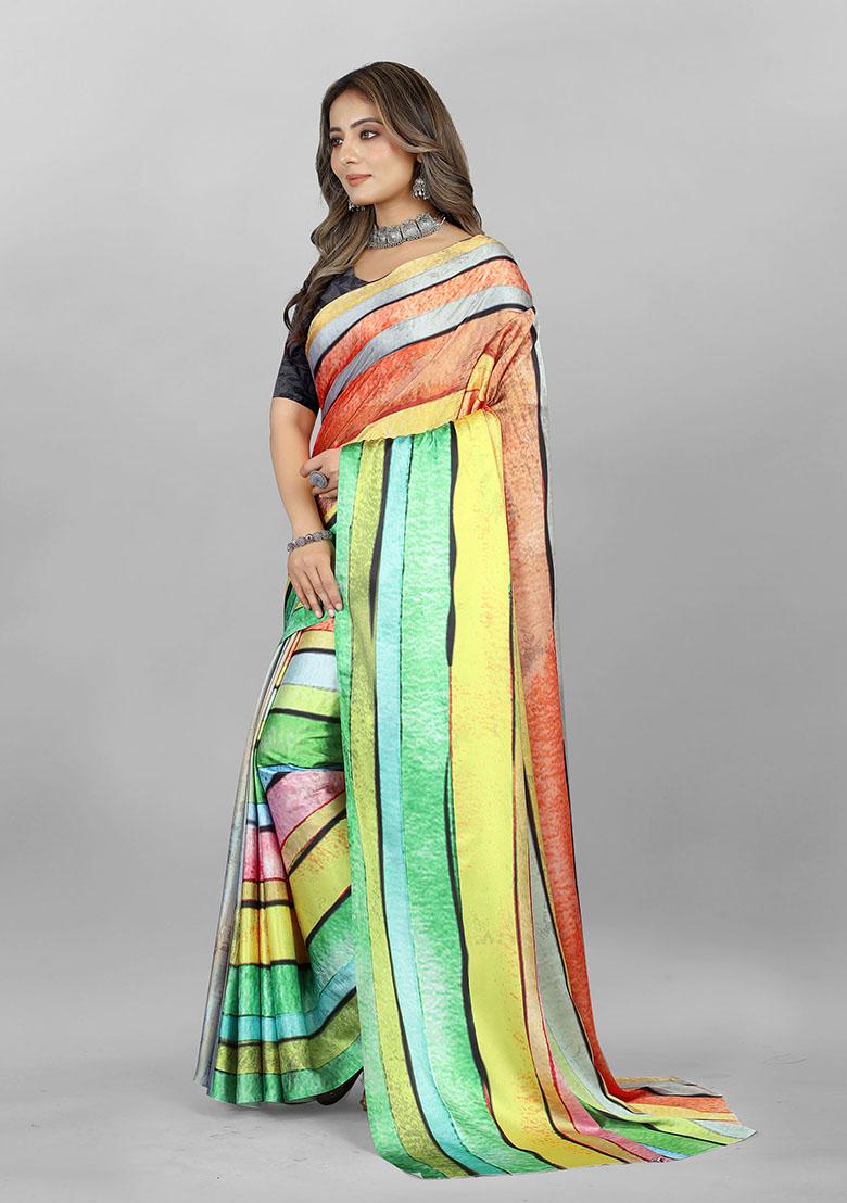 Multi Striped Print Japan Crepe Saree Set