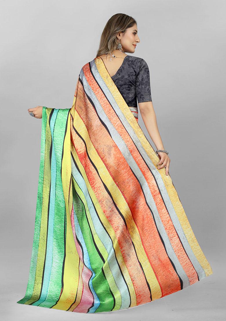 Multi Striped Print Japan Crepe Saree Set