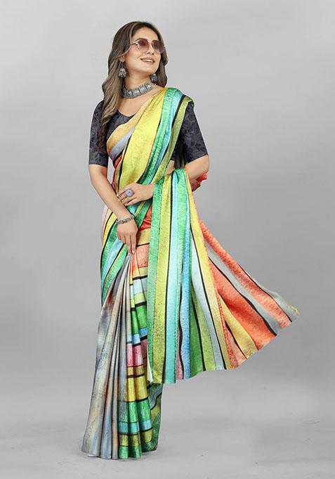 Multi Striped Print Japan Crepe Saree Set