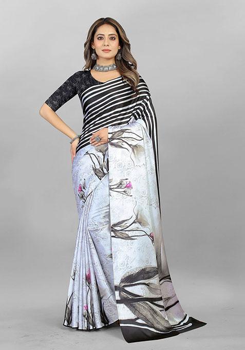 White Floral Print Japan Crepe Saree Set