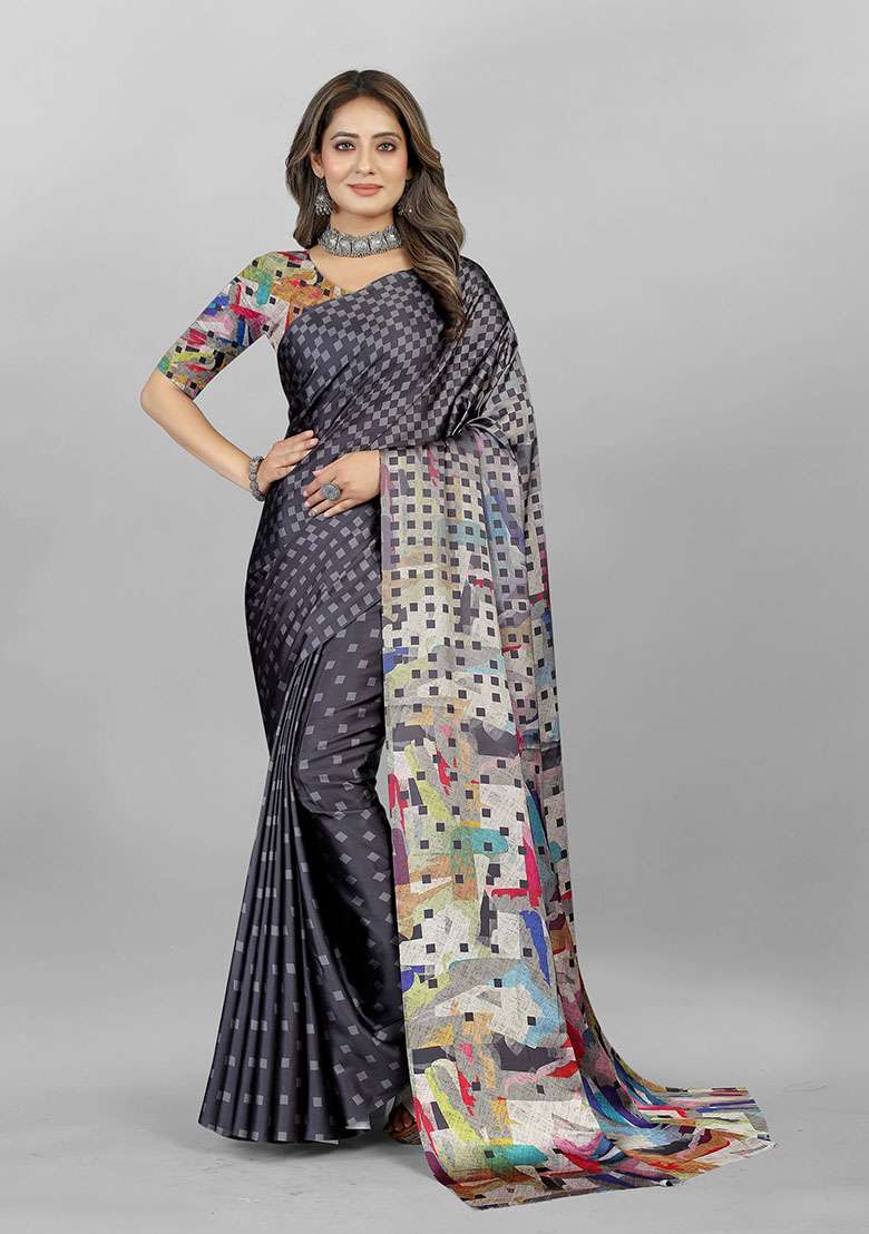 Grey Geometric Print Japan Crepe Saree Set - Indya