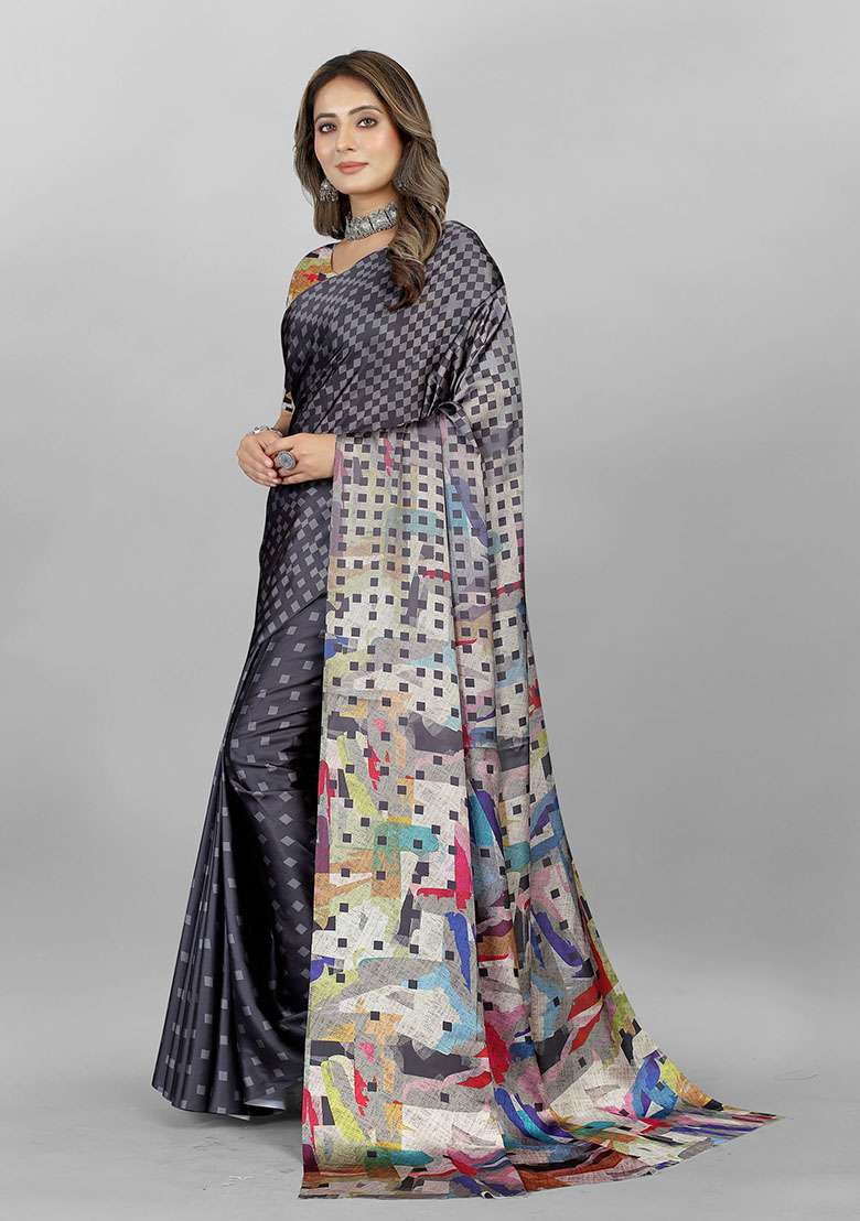 Grey Geometric Print Japan Crepe Saree Set - Indya