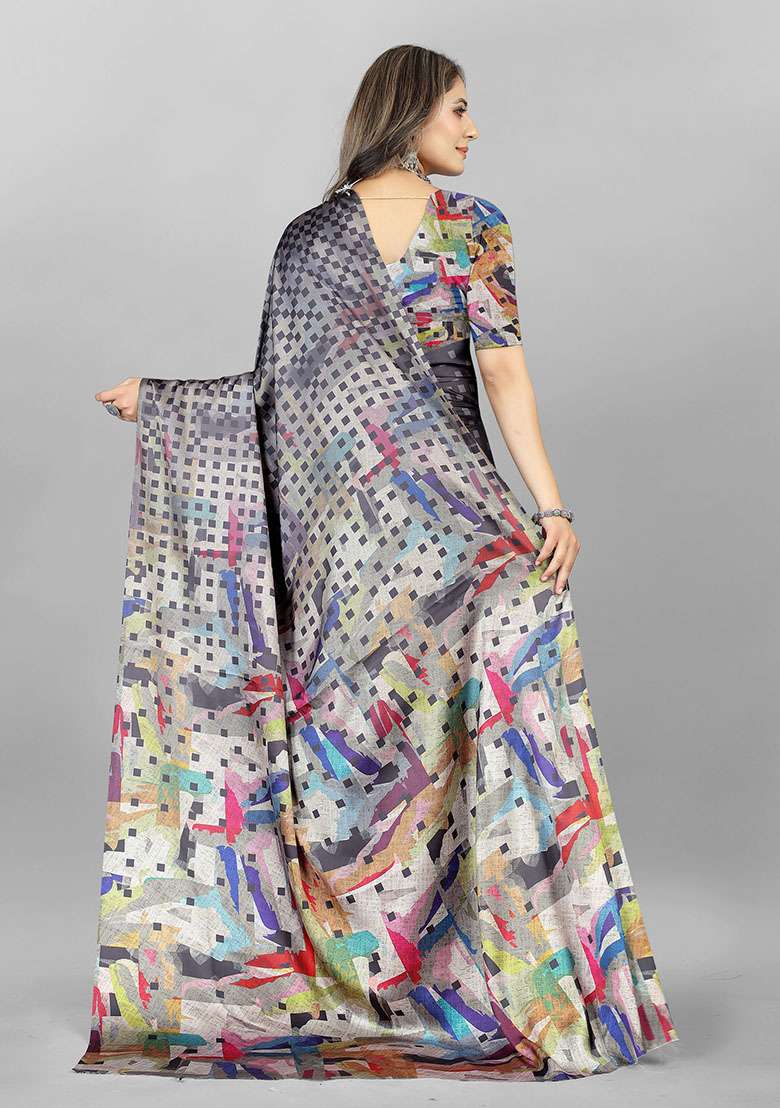 Grey Geometric Print Japan Crepe Saree Set - Indya