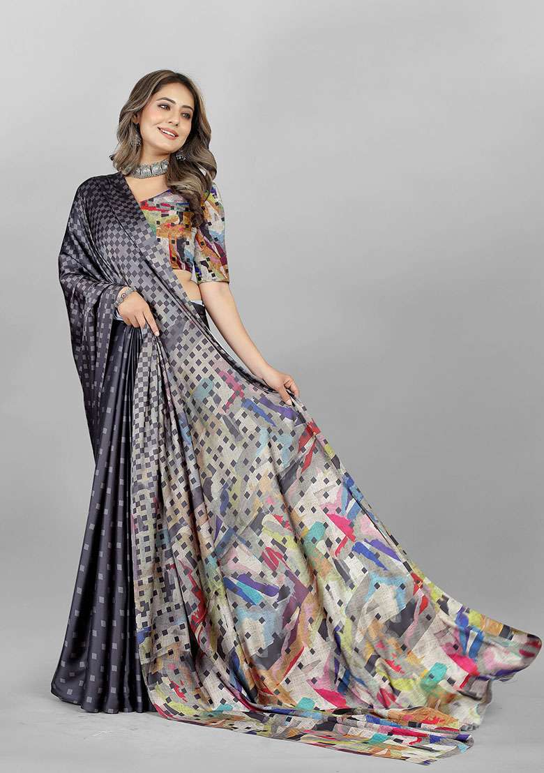 Grey Geometric Print Japan Crepe Saree Set - Indya