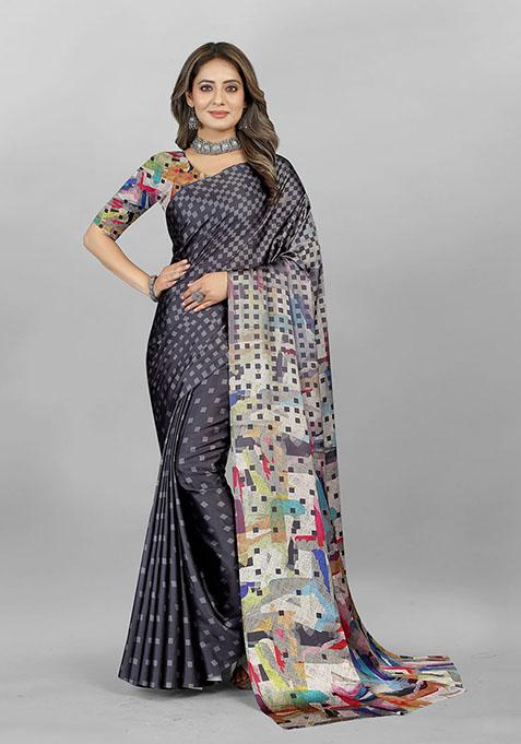 Grey Geometric Print Japan Crepe Saree Set