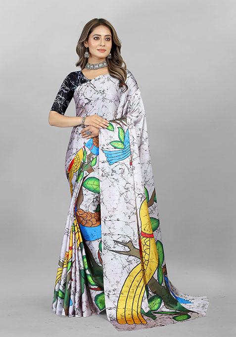 White Animal Print Japan Crepe Saree Set