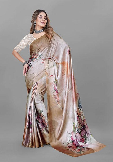 Beige Floral Print Japan Crepe Saree Set