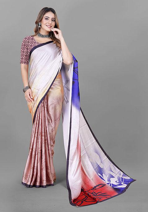 Multi Floral Print Japan Crepe Saree Set