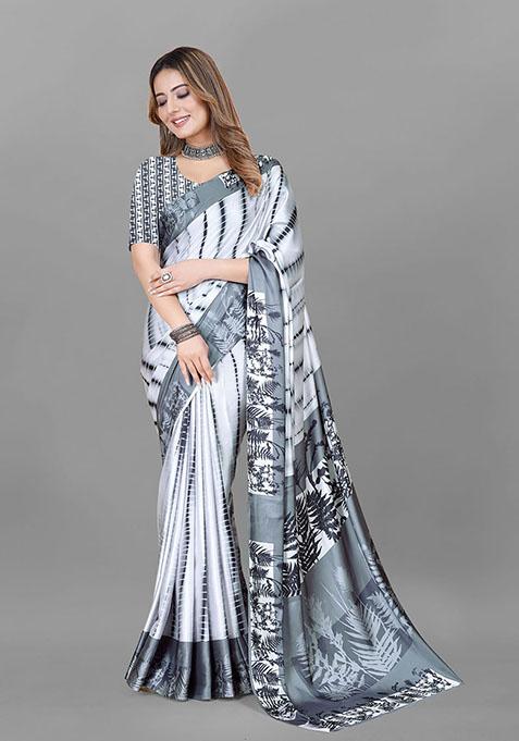 Grey Printed Japan Crepe Saree Set