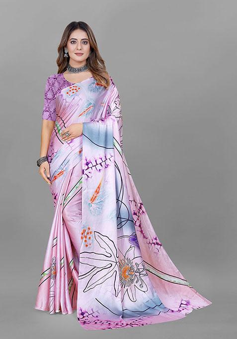 Lavender Floral Print Japan Crepe Saree Set