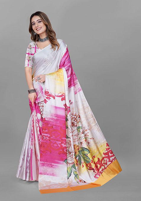 Multi Floral Print Japan Crepe Saree Set