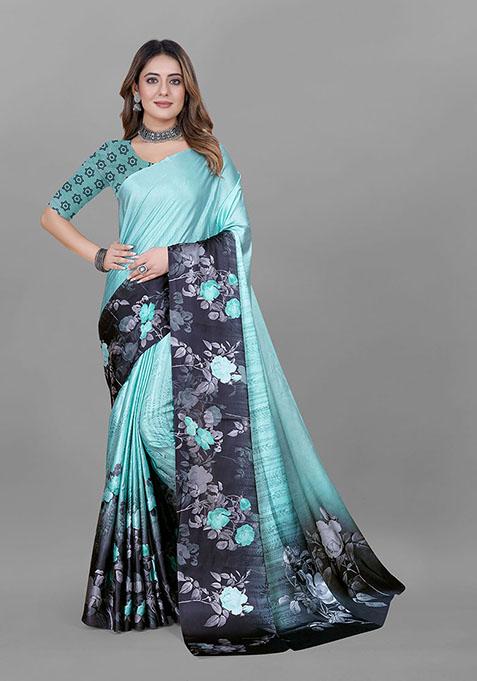 Sea Green Floral Print Japan Crepe Saree Set