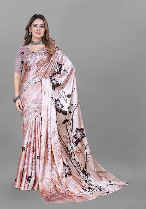 Beige Floral Print Japan Crepe Saree Set