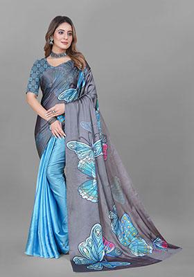 Grey Animal Print Japan Crepe Saree Set