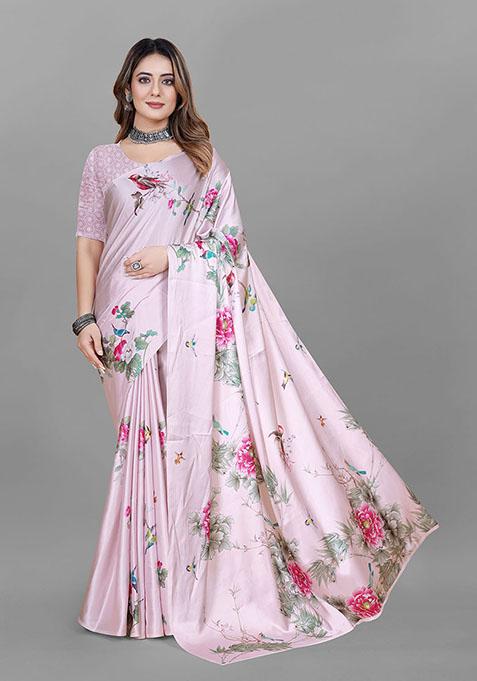 Light Pink Floral Print Japan Crepe Saree Set