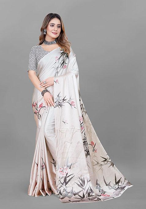 Cream Printed Japan Crepe Saree Set