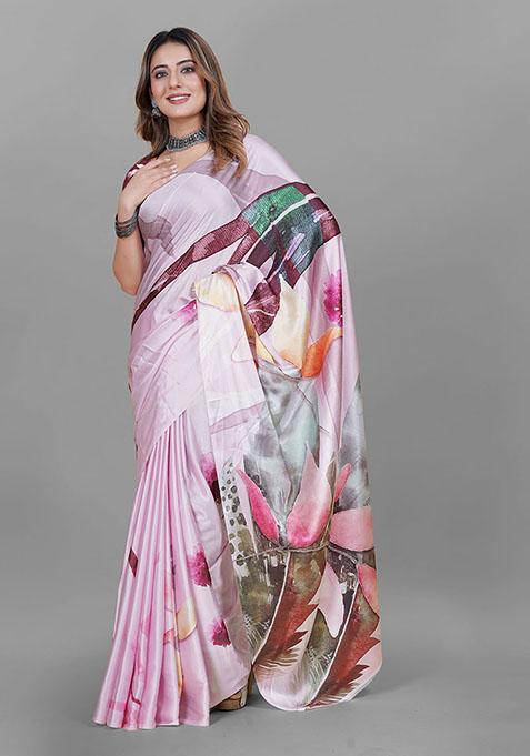 Pink Floral Print Japan Crepe Saree Set