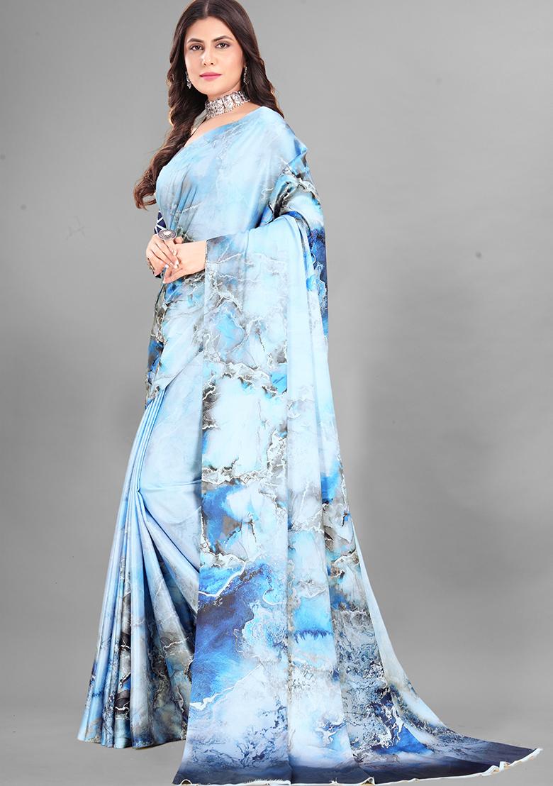 Sky Blue Abstract Print Japan Crepe Saree Set