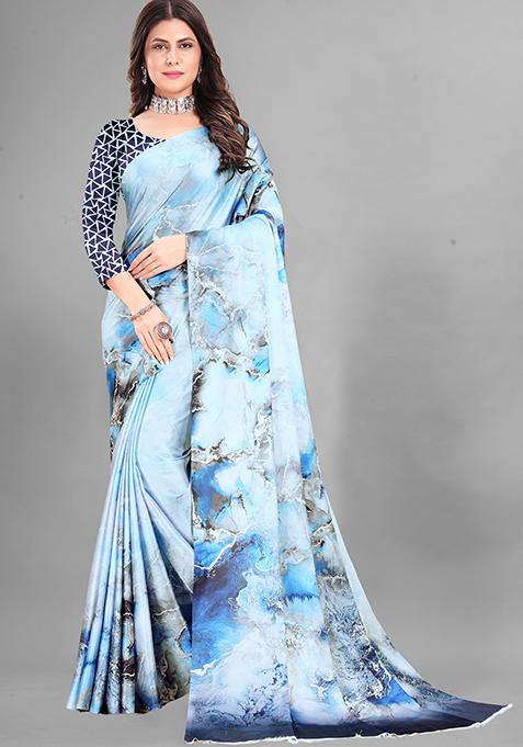 Sky Blue Abstract Print Japan Crepe Saree Set