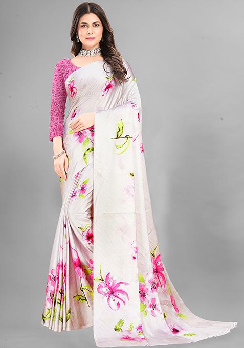 Cream Floral Print Japan Crepe Saree Set