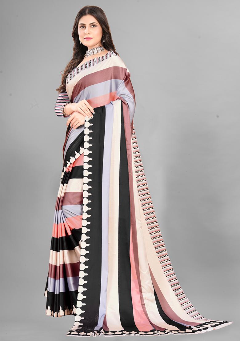 Multi Striped Print Japan Crepe Saree Set