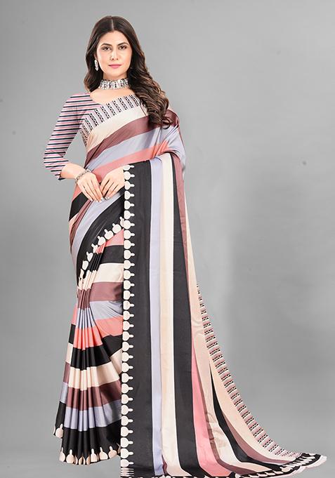 Multi Striped Print Japan Crepe Saree Set