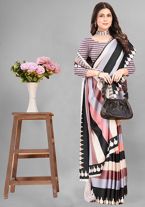 Multi Striped Print Japan Crepe Saree Set