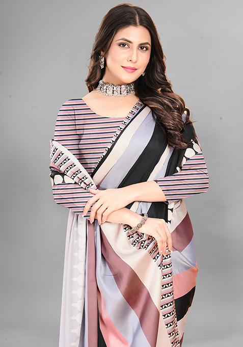 Multi Striped Print Japan Crepe Saree Set