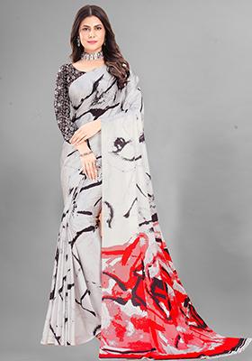 White Abstract Print Japan Crepe Saree Set