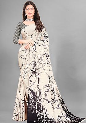 Cream Abstract Print Japan Crepe Saree Set