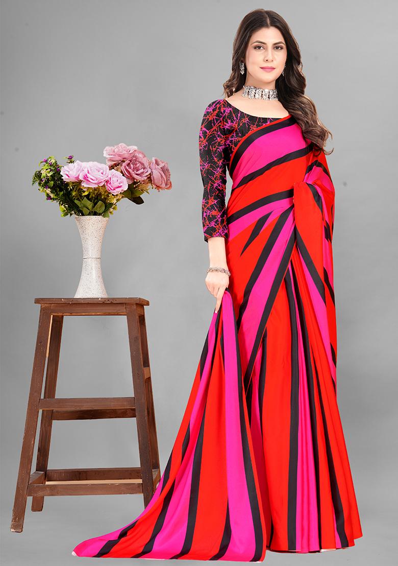 Multi Striped Print Japan Crepe Saree Set