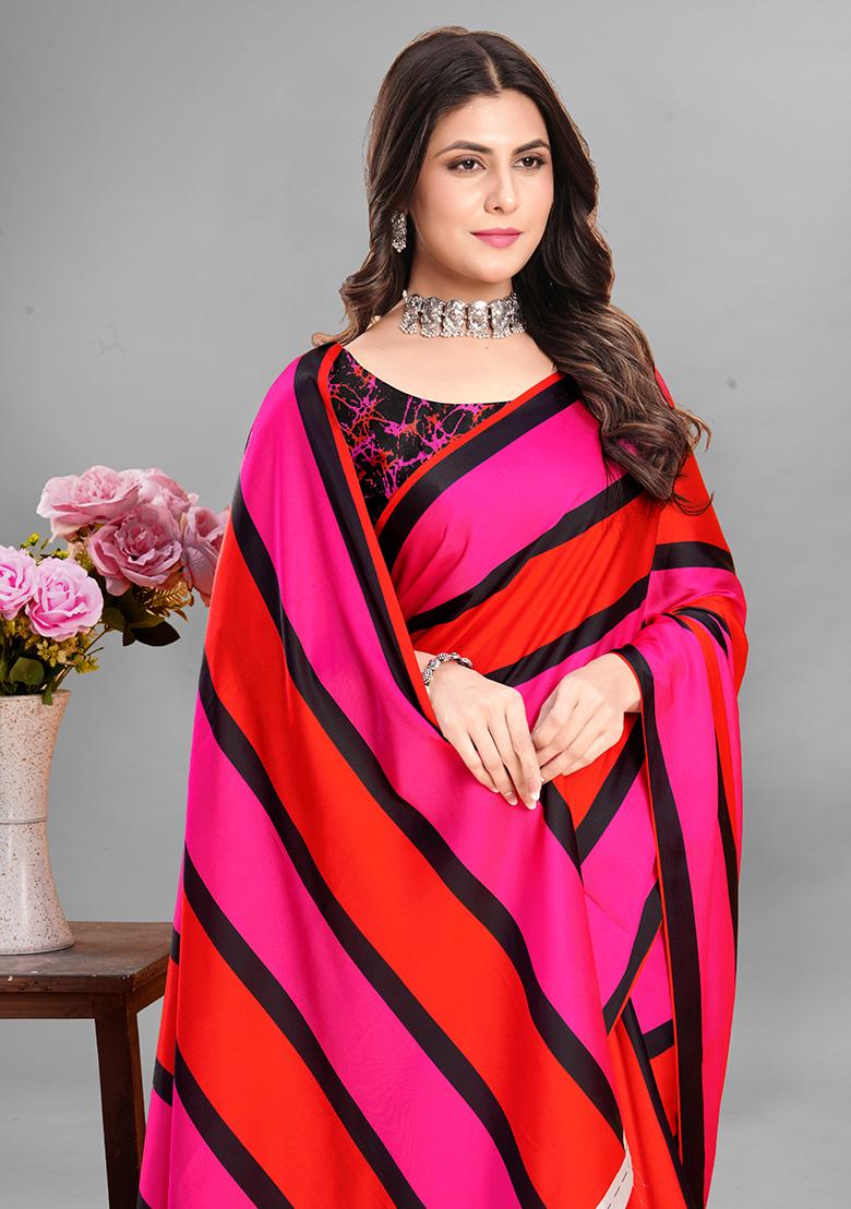 Multi Striped Print Japan Crepe Saree Set