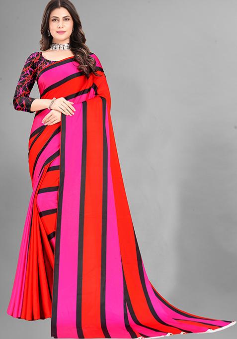 Multi Striped Print Japan Crepe Saree Set