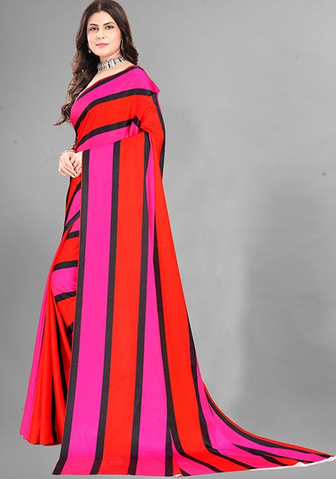 Multi Striped Print Japan Crepe Saree Set