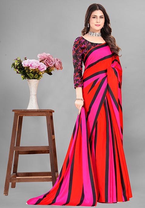 Multi Striped Print Japan Crepe Saree Set