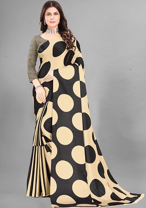 Beige Polka Dots Japan Crepe Saree Set