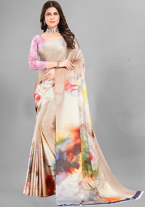 Beige Abstract Print Japan Crepe Saree Set