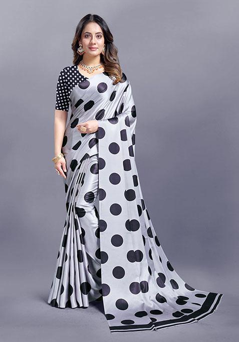 Grey Polka Dots Japan Crepe Saree Set