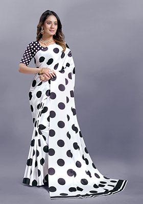 White Polka Dots Japan Crepe Saree Set