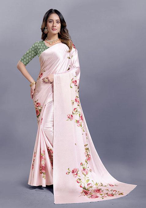 Peach Floral Print Japan Crepe Saree Set