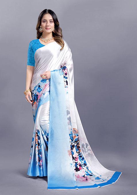 Grey Abstract Print Japan Crepe Saree Set