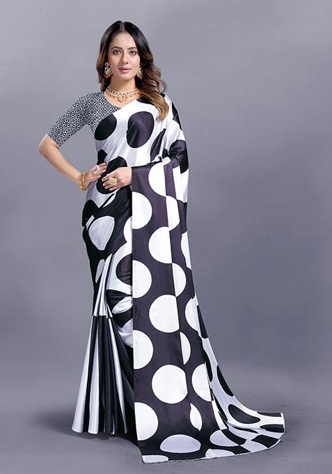 White Polka Dots Japan Crepe Saree Set