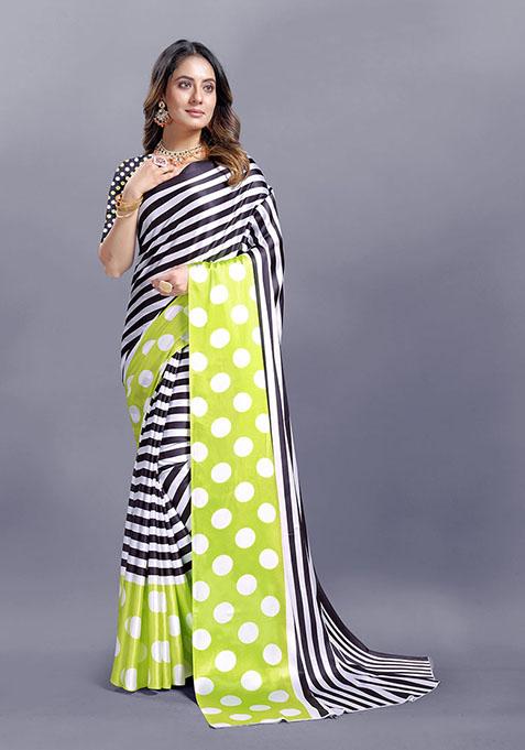 Black Striped Print Japan Crepe Saree Set