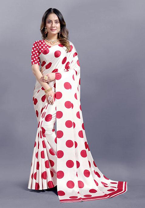 Red Polka Dots Japan Crepe Saree Set