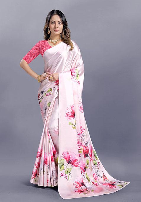 Light Pink Floral Print Japan Crepe Saree Set